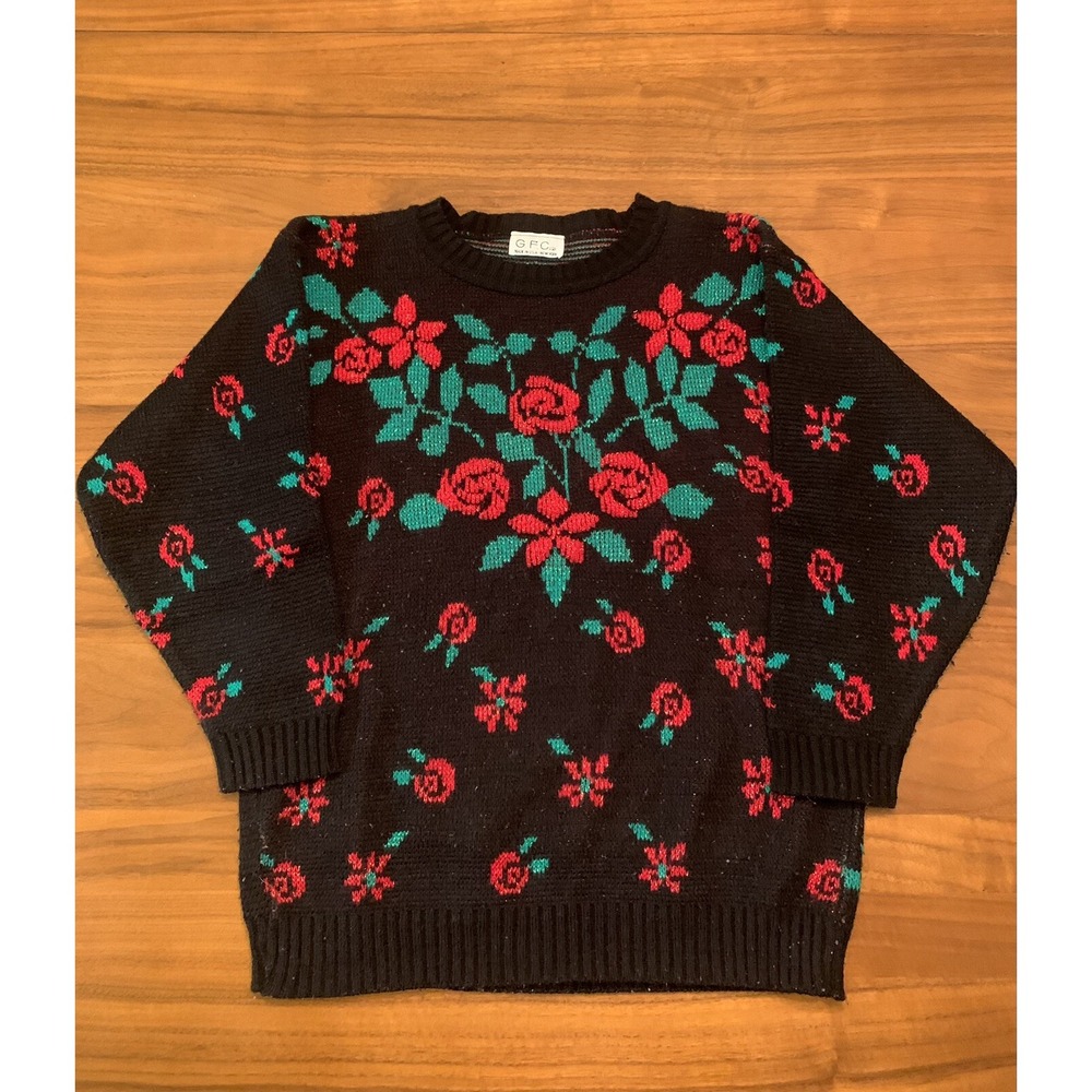 Vintage 80s GFC Ltd NYC Sweater Womens M Rose Floral Made In USA Acrylic Black